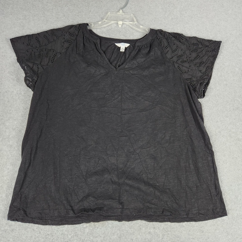 Time and Tru Blouse Top Womens XL Black Cotton Eyelet Short Sleeve Split V-Neck
